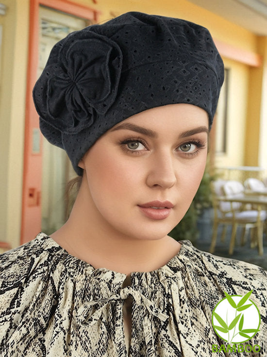 H162-BLACK#Eyelet Beret Bow Cap Bamboo Lined Black