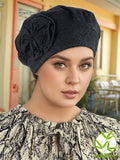 H162-BLACK#Eyelet Beret Bow Cap Bamboo Lined Black