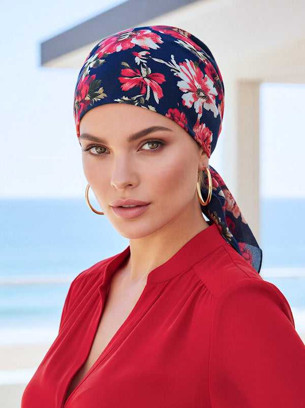 CE-BDNASCARF-916#The Shorty Scarf Navy Red Floral