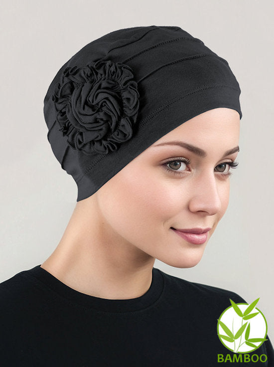 H149BB-BLACK#Bamboo Pleated Sunflower Cap Onyx Black
