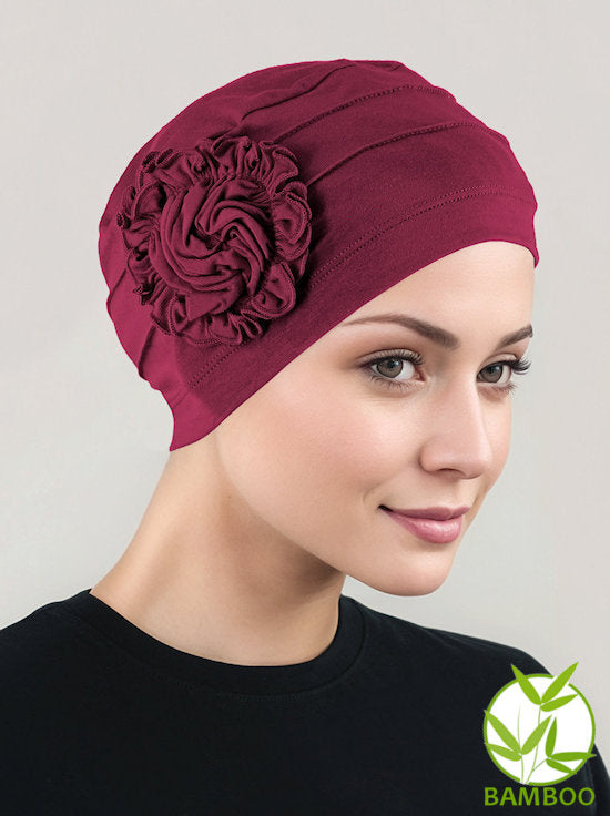 H149BB-BURGUNDY#Bamboo Pleated Sunflower Cap Burgundy