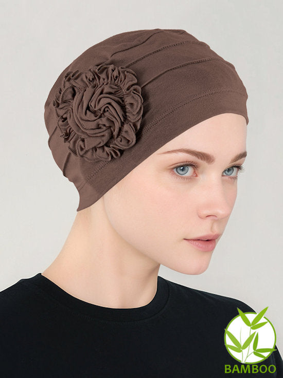 H149BB-BROWN#Bamboo Pleated Sunflower Cap Cedar Brown