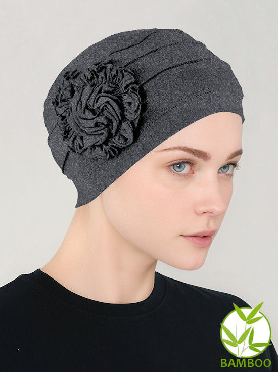 H149BB-CHARCOAL#Bamboo Pleated Sunflower Cap Charcoal Gray