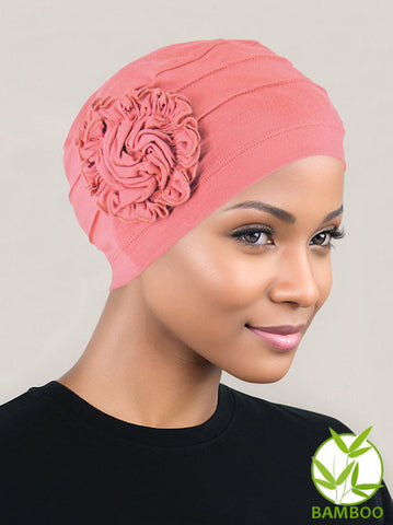 H149BB-CORAL#Bamboo Pleated Sunflower Cap Coral Pink