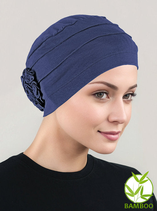H149BB-NAVY#Bamboo Pleated Sunflower Cap Navy Blue