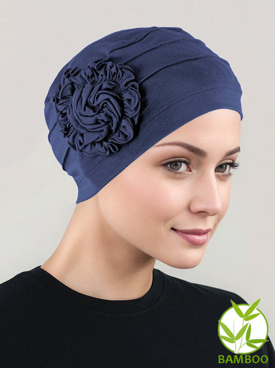 H149BB-NAVY#Bamboo Pleated Sunflower Cap Navy Blue