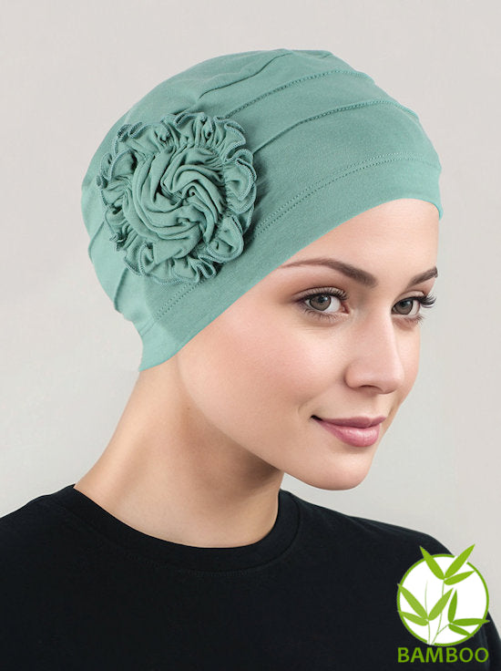 H149BB-SAGE#Bamboo Pleated Sunflower Cap Sage Green