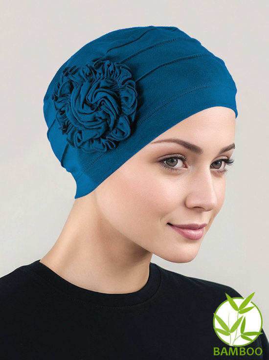 H149BB-TEAL#Bamboo Pleated Sunflower Cap Teal Blue