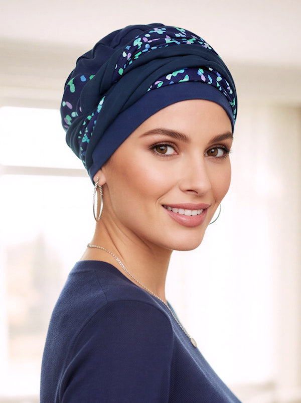 TWIST2-306#Twisty Turban in Buttery Soft Navy Lilac Multi Dot