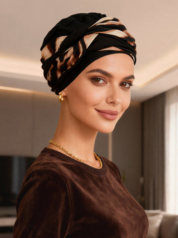TWIST2-304#Twisty Turban in Buttery Soft Black Brown Tiger Stripe