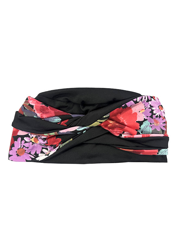 TWIST2-314#Twisty Turban in Buttery Soft Black Red Coral Floral