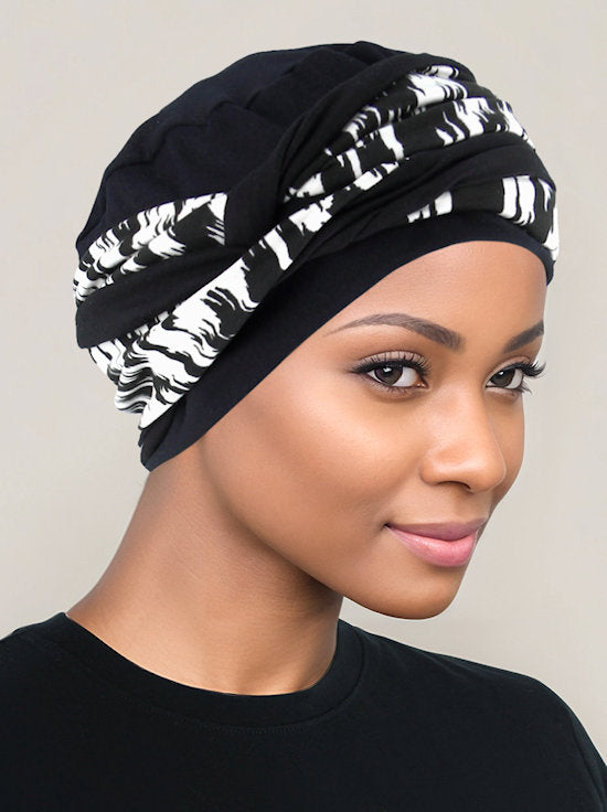 TWIST2-303#Twisty Turban in Buttery Soft Black Cream Ikat Geometric