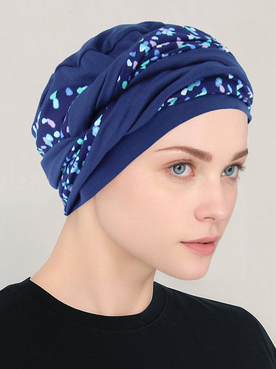 TWIST2-306#Twisty Turban in Buttery Soft Navy Lilac Multi Dot