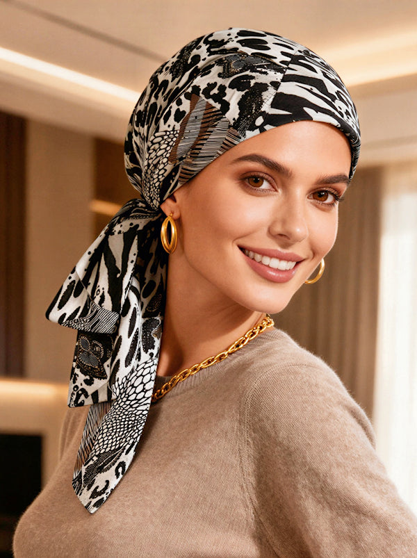 WPS-882#Head Wrap Scarf Gray Black Gold Animal Sequin