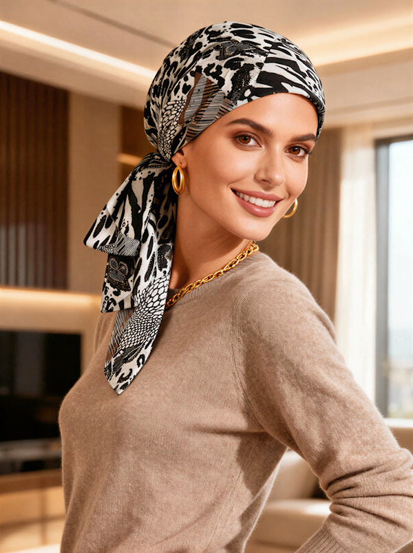 WPS-882#Head Wrap Scarf Gray Black Gold Animal Sequin