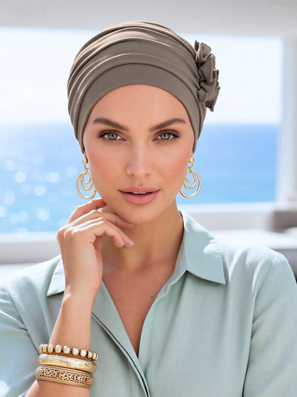 women wearing a summer bamboo turban in brown for hair loss cancer chemo