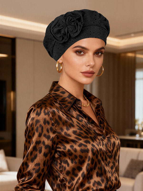 H162-BLACK#Eyelet Beret Bow Cap Black - Bamboo Lined – Turban Plus