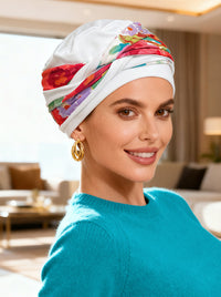 TWIST2-313#Twisty Turban in Buttery Soft White Red Pink Floral