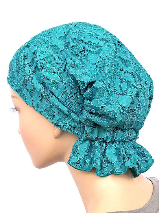 chemo beanie abbey cap in lace sequin turquoise 569a 