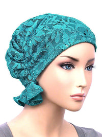 chemo beanie abbey cap in lace sequin turquoise 569