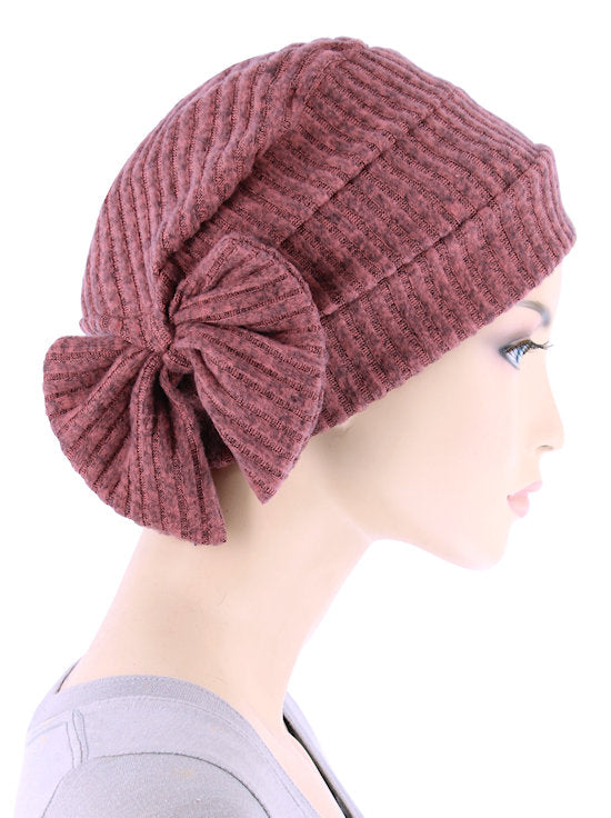 H150-ROSERIBBED#Winter Cloche Bow Hat Dusty Rose Ribbed