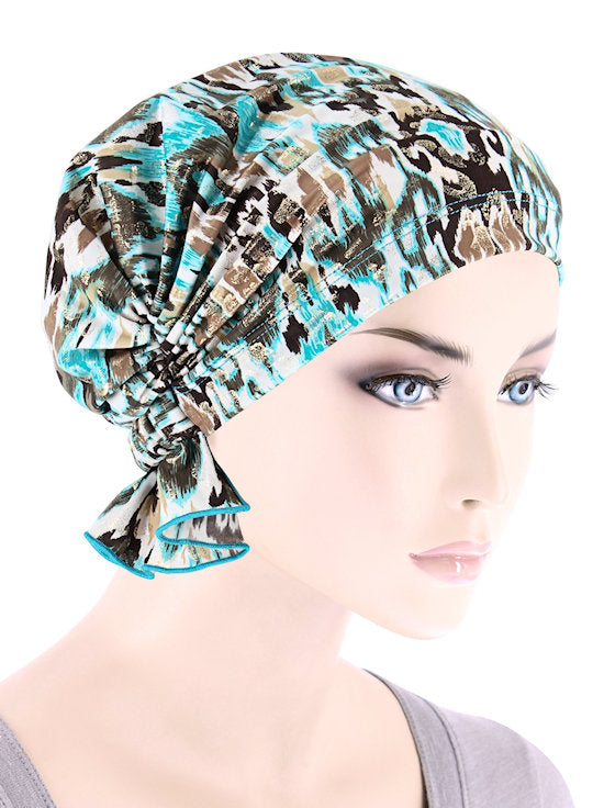 ABBEY-701#The Abbey Cap in Turquoise Gold Leopard Ikat