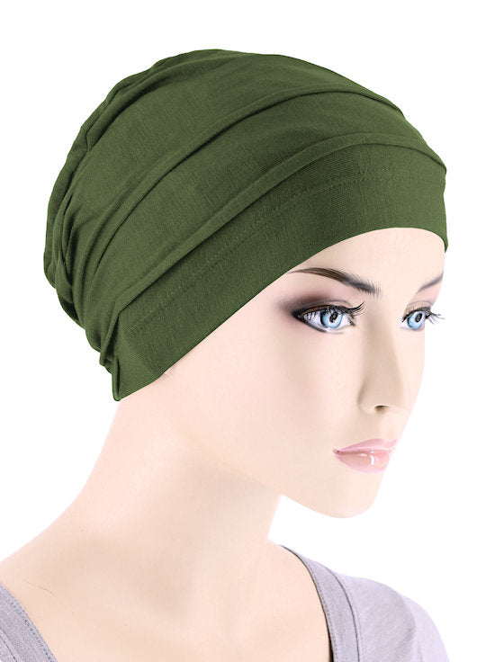 BBPCAP-OLIVE#Lux Bamboo Pleated Cap in Olive Green