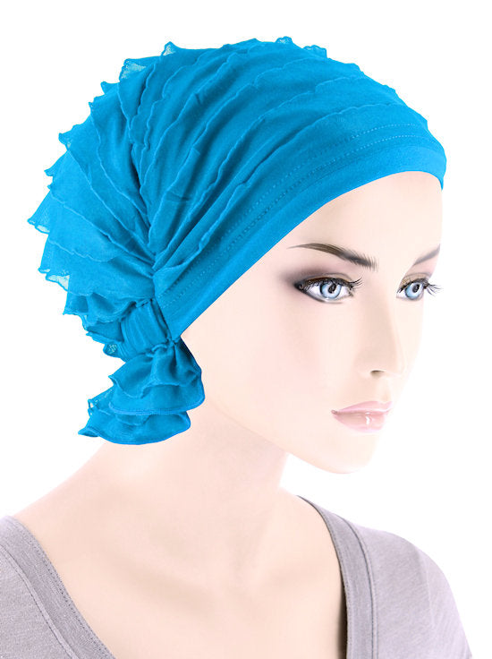 ABBEY-662#The Abbey Cap in Ruffle Turquoise Blue