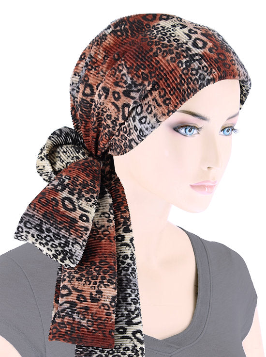 WPS-880#Head Wrap Scarf Plisse Gray Rust Leopard