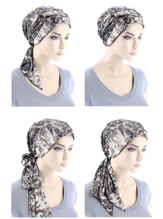 WPS-880#Head Wrap Scarf Plisse Gray Rust Leopard