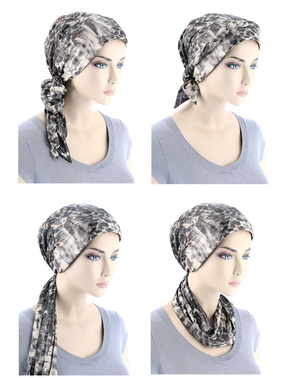 WPS-880#Head Wrap Scarf Plisse Gray Rust Leopard