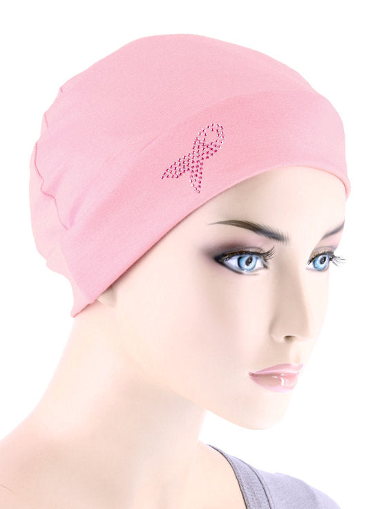 CE-CHEMOCAP-PR-PINK#Chemo Cap Pink Ribbon Rhinestud in Pink