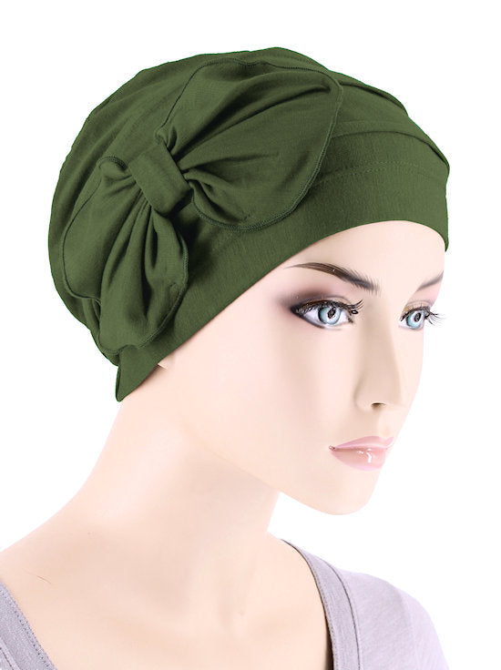 H121BB-OLIVE#Bamboo Pleated Bow Cap Olive Green