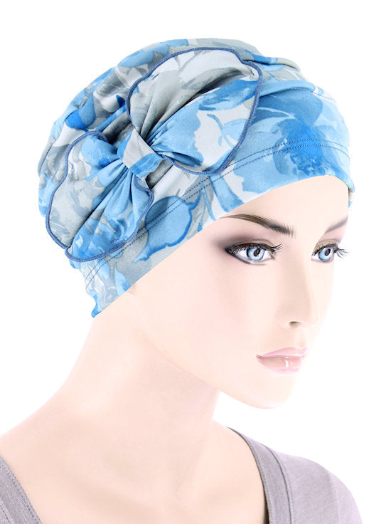 H121-BLUEFLORAL#Pleated Bow Cap Blue Gray Waterfloral