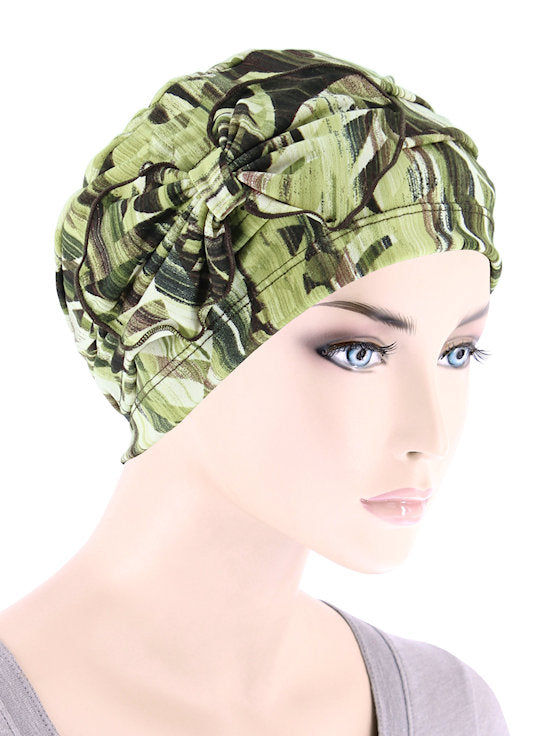 H121-GREENABSTRACT#Pleated Bow Cap Green Brown Abstract