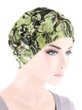 H121-GREENABSTRACT#Pleated Bow Cap Green Brown Abstract