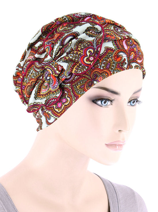 H121-REDPAISLEY#Pleated Bow Cap Red Paisley