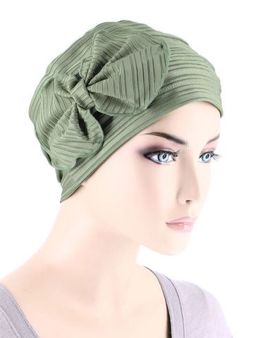 H121-RIBBEDSAGEGREEN#Pleated Bow Cap Ribbed Sage Green