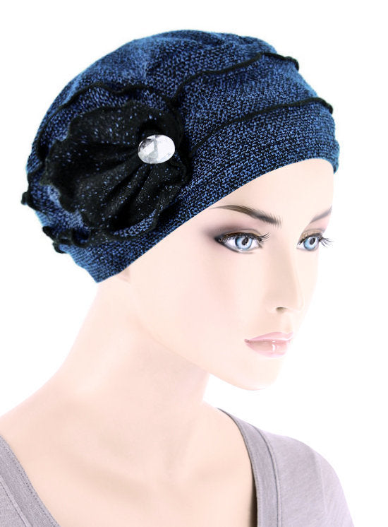 H148-BLUE#Winter Hat Cap Floral Rhinestone Blue