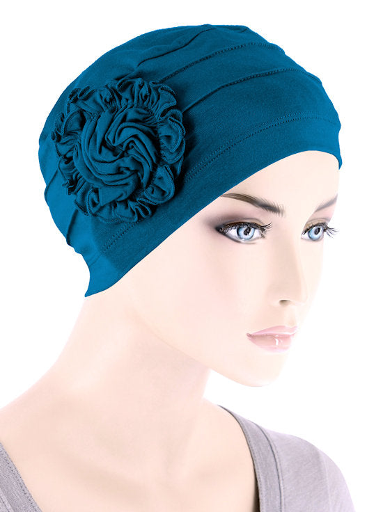 H149BB-TEAL#Bamboo Pleated Sunflower Cap Teal Blue