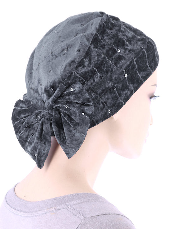 H150-PEARLGRAY#Winter Cloche Bow Hat Pearl Gray Sequin