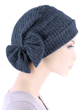 H150-BLUERIBBED#Winter Cloche Bow Hat Blue Ribbed