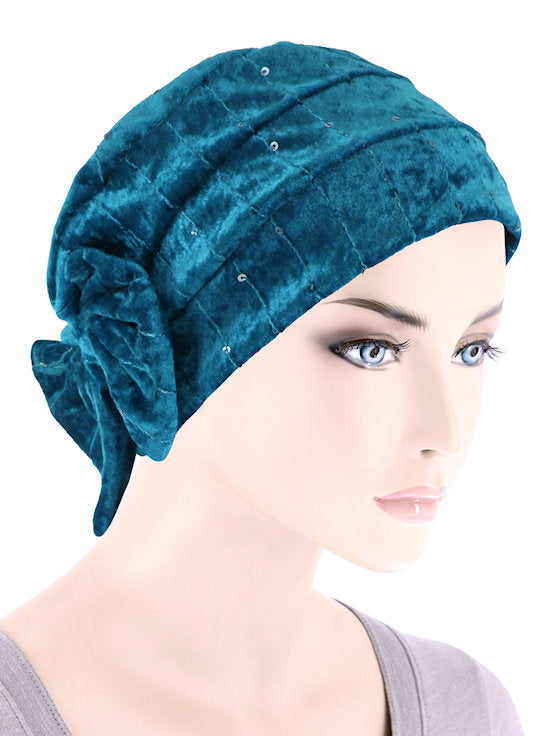 H150-TEALSAPPHIRE#Winter Cloche Bow Hat Teal Sapphire Sequin *Clearance/Final Sale*