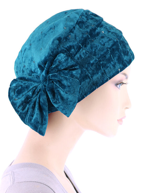 H150-TEALSAPPHIRE#Winter Cloche Bow Hat Teal Sapphire Sequin