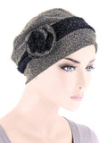H151-BEIGEROSETTE#Winter Hat Cap Taupe Black Rosette