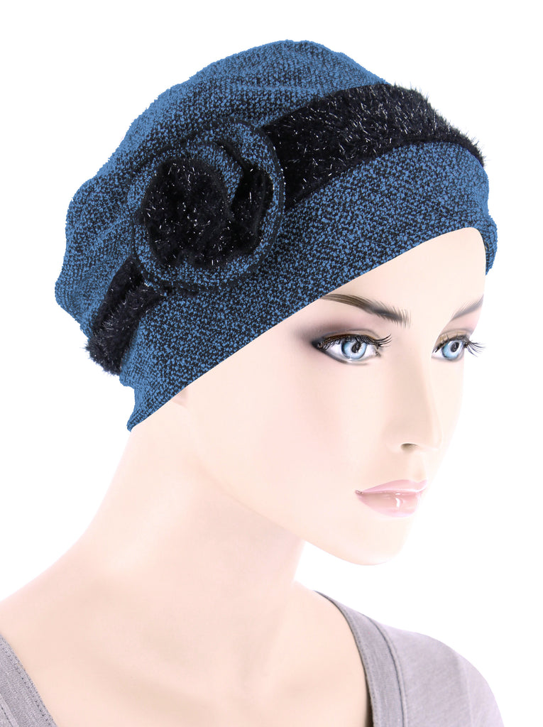 H151-BLUEROSETTE#Winter Hat Cap Blue Black Rosette