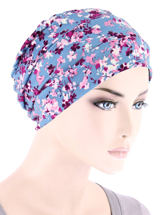 CKC-140#Chemo Cloche Cap in Blue Pink Petite Floral