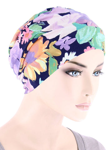 CKC-146#Chemo Cloche Cap in Navy Lilac Bold Floral